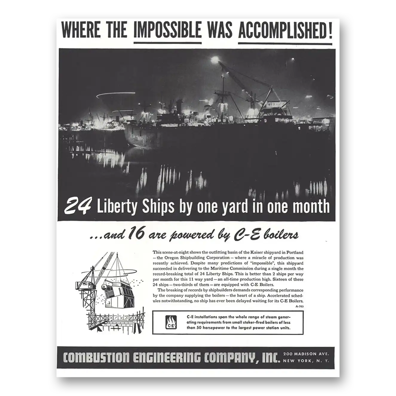 1944 Combustion Engineering Liberty Ships By One Yard Vintage Magazine Print Ad