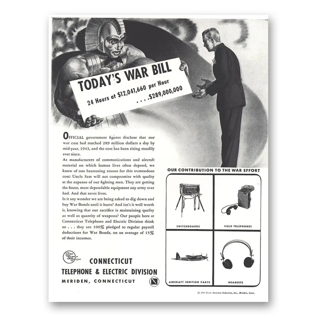 1944 Connecticut Telephone Todays War Bill Vintage Magazine Print Ad