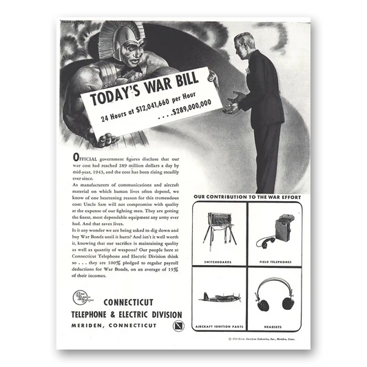 1944 Connecticut Telephone Todays War Bill Vintage Magazine Print Ad