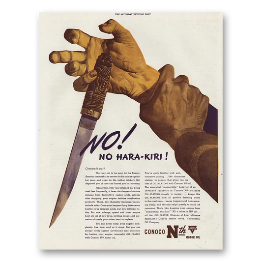 1944 Conoco Nth Motor Oil No Hara Kiri Vintage Magazine Print Ad