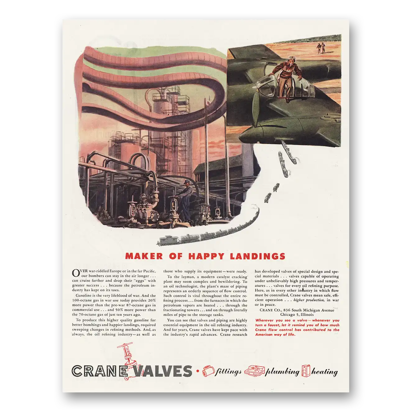 1944 Crane Valves Maker of Happy Landings Vintage Magazine Print Ad