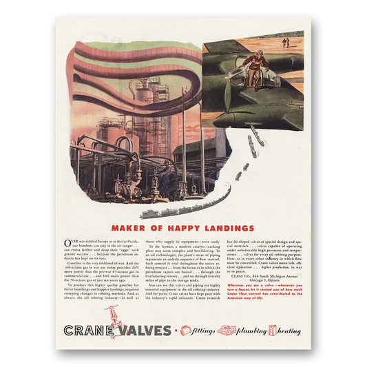 1944 Crane Valves Maker of Happy Landings Vintage Magazine Print Ad