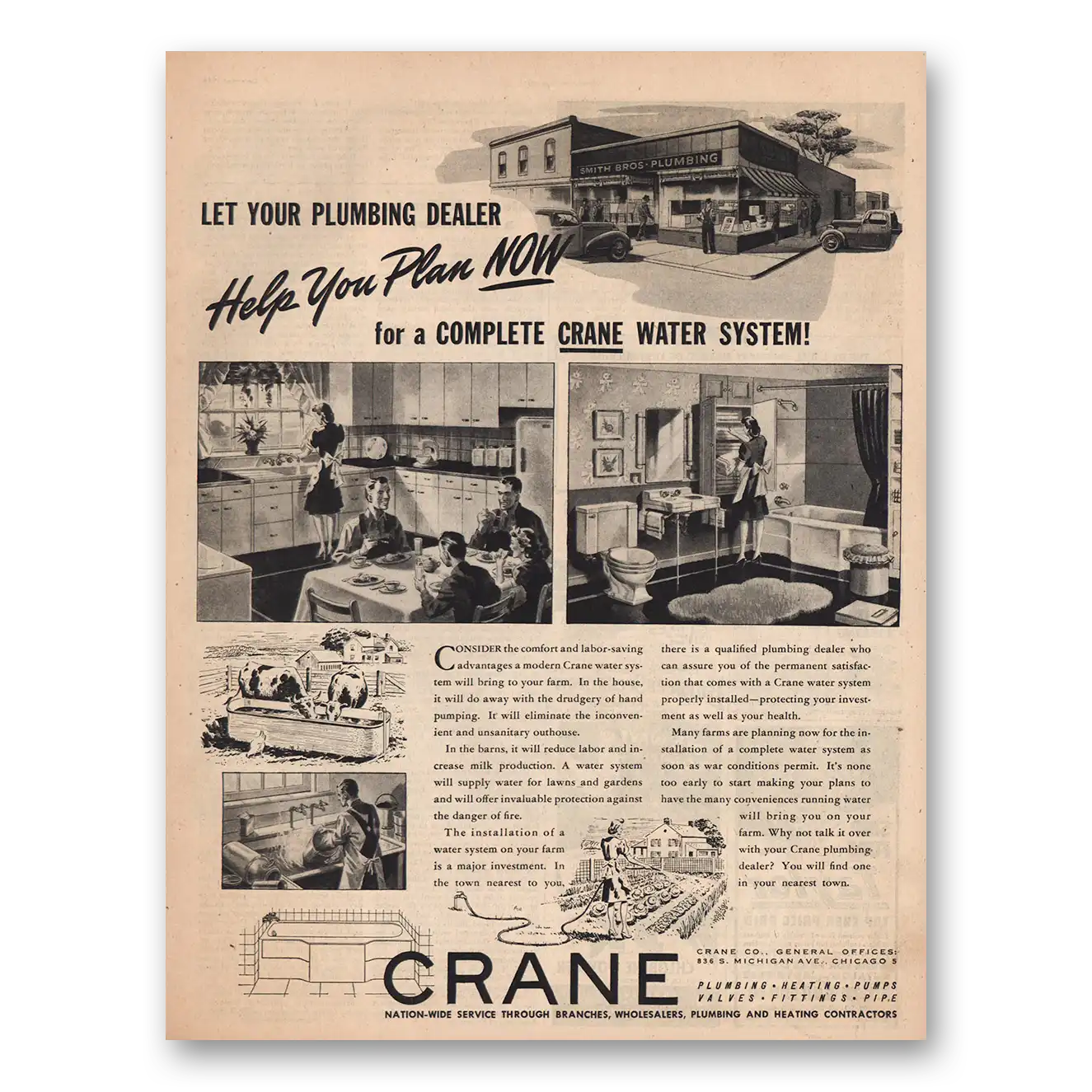 1944 Crane Water System Help You Plan Now Vintage Magazine Print Ad