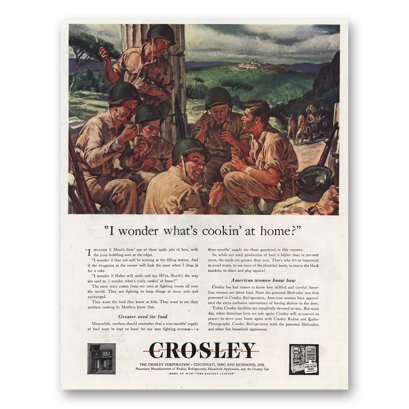 1944 Crosley Refrigerators I Wonder Whats Cookin at Home Vintage Magazine Print Ad