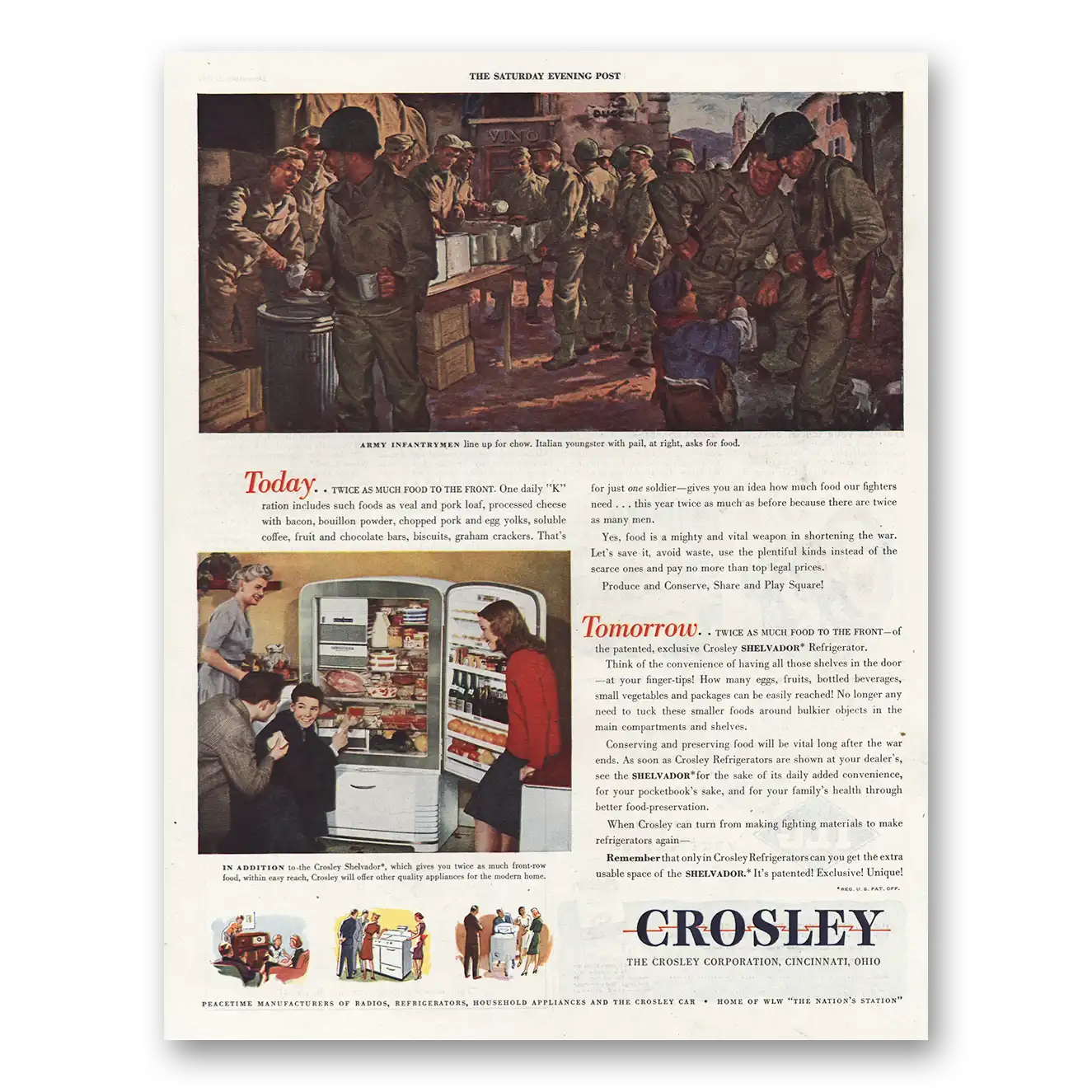 1944 Crosley Refrigerators Twice as Much Food to the Front Vintage Magazine Print Ad