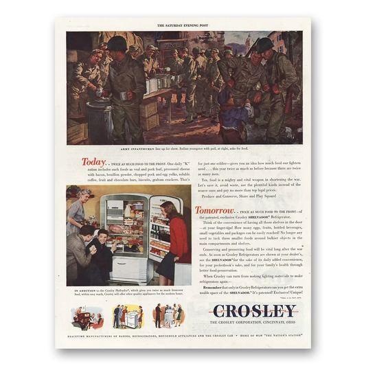 1944 Crosley Refrigerators Twice as Much Food to the Front Vintage Magazine Print Ad