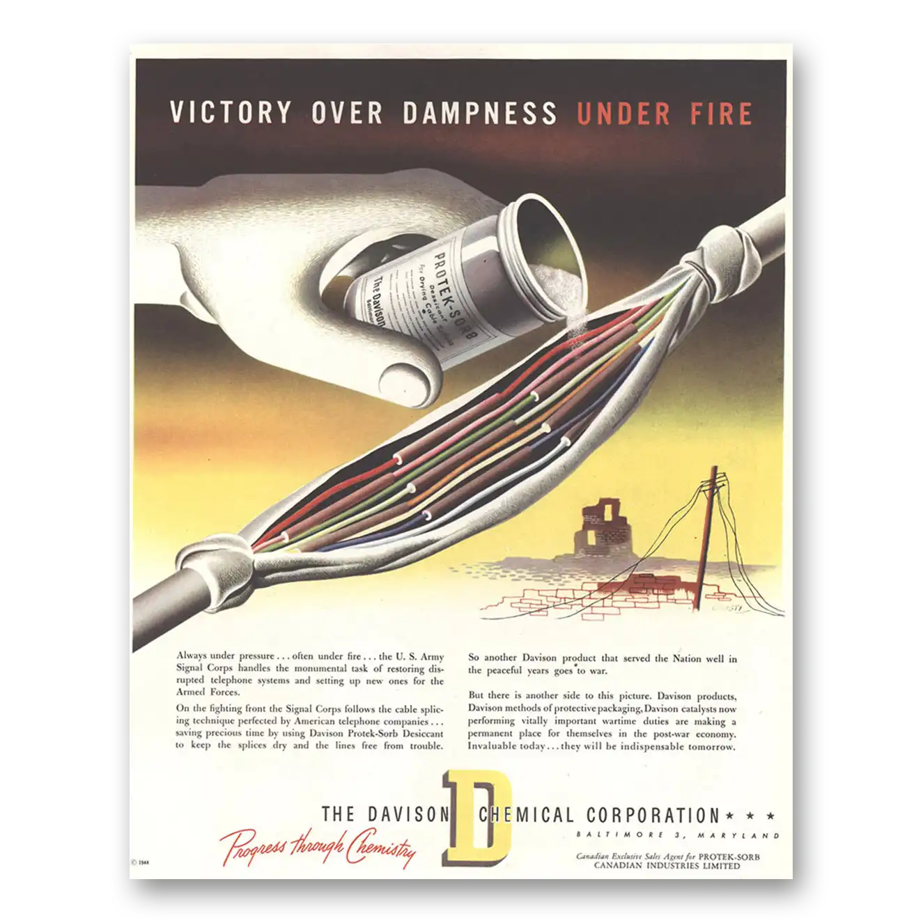 1944 Davison Chemical Victory Over Dampness Under Fire Vintage Magazine Print Ad