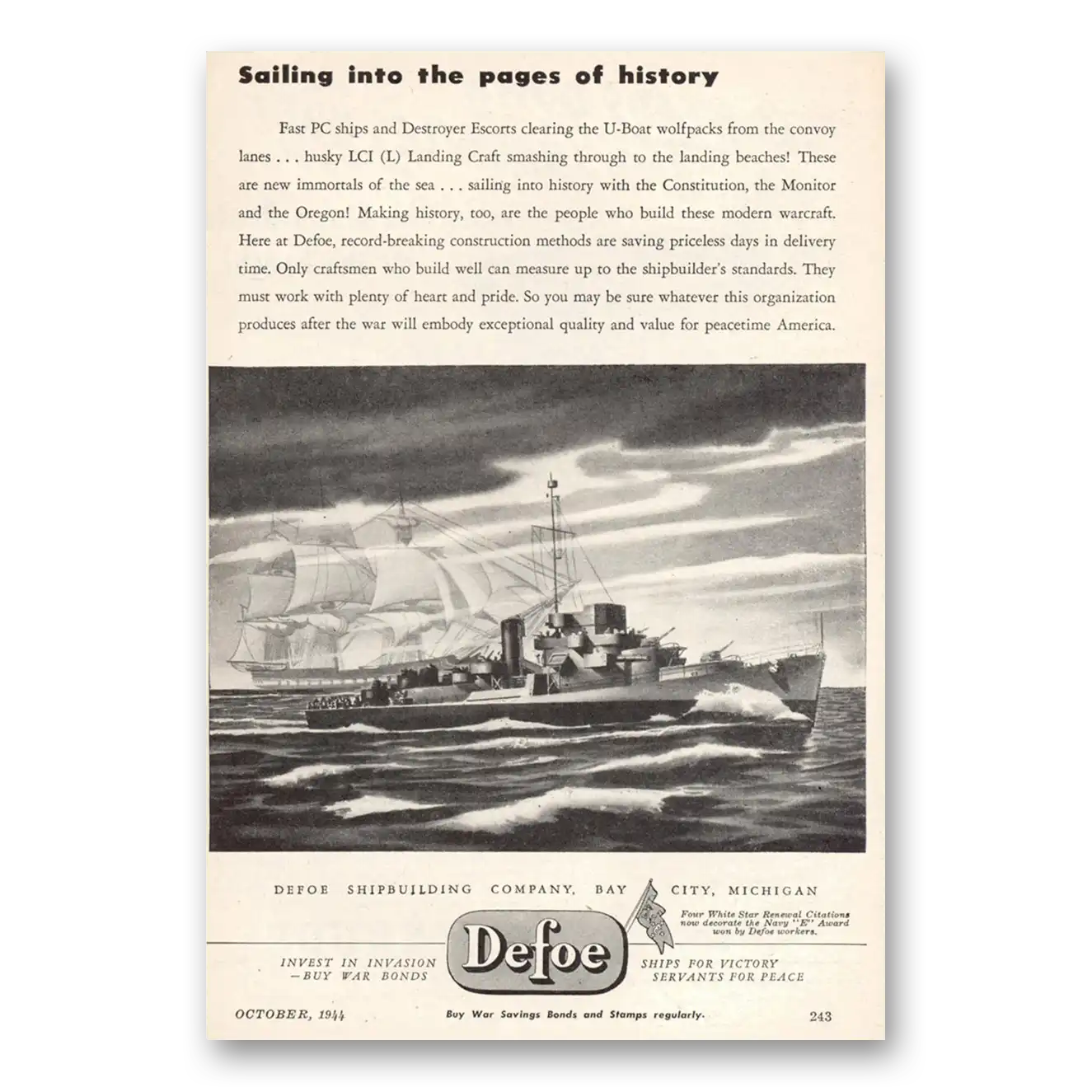 1944 Defoe Shipbuilding Sailing Into the Pages of History Vintage Magazine Print Ad