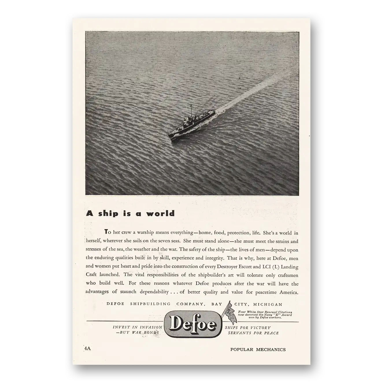 1944 Defoe Shipbuilding Ship To a World Vintage Magazine Print Ad