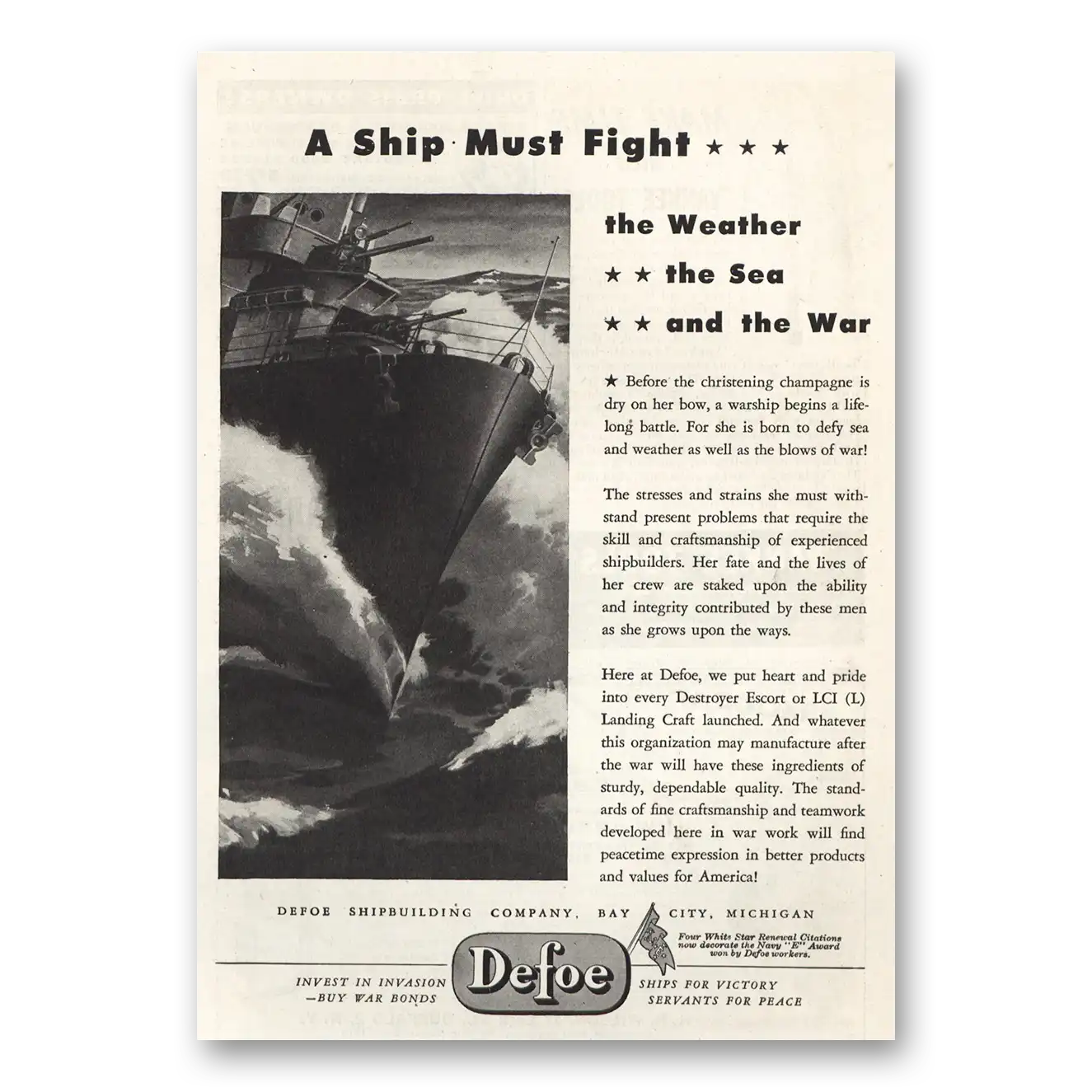 1944 Defoe Shipbuilding Ship Must Fight the Weather Sea War Vintage Magazine Print Ad