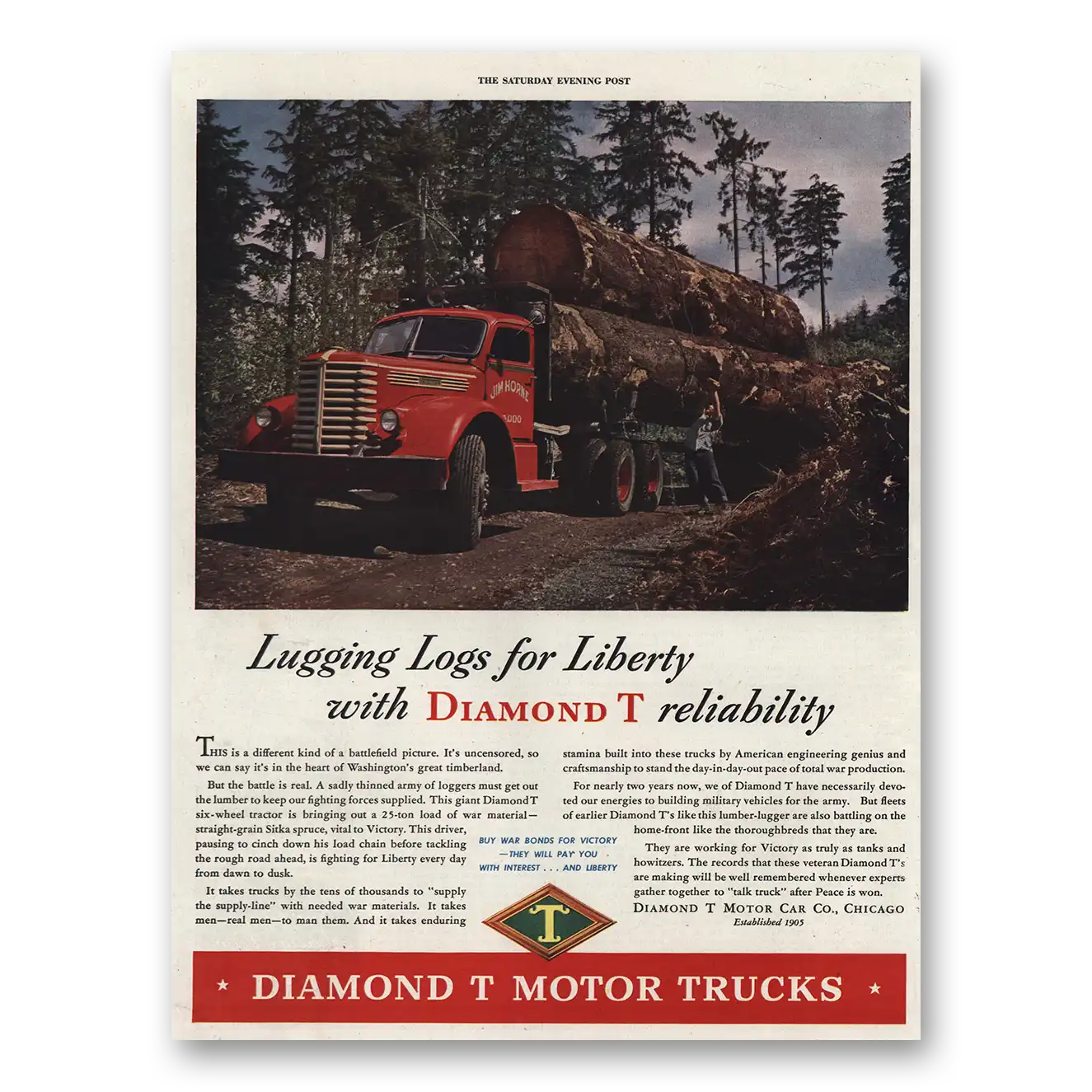 1944 Diamond T Trucks Lugging Logs for Liberty Vintage Magazine Print Ad