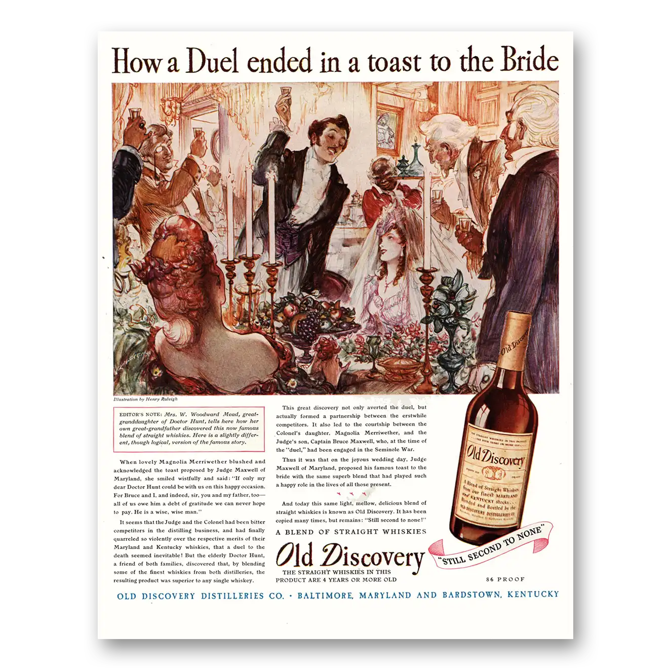 1944 Old Discovery Whiskey Duel Ended In Toast to Bride Vintage Magazine Print Ad