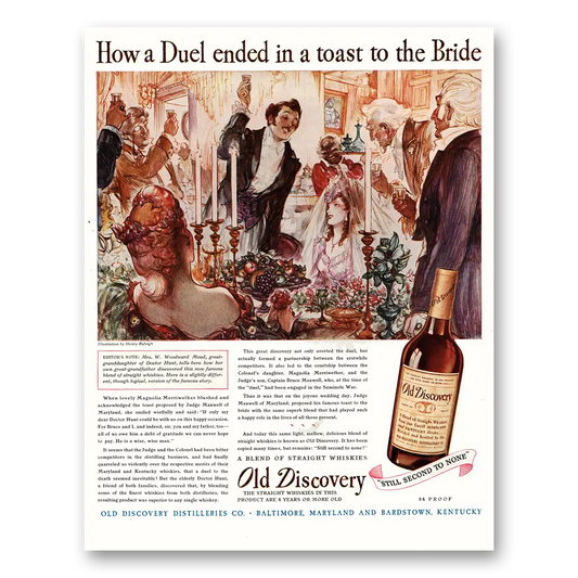 1944 Old Discovery Whiskey Duel Ended In Toast to Bride Vintage Magazine Print Ad