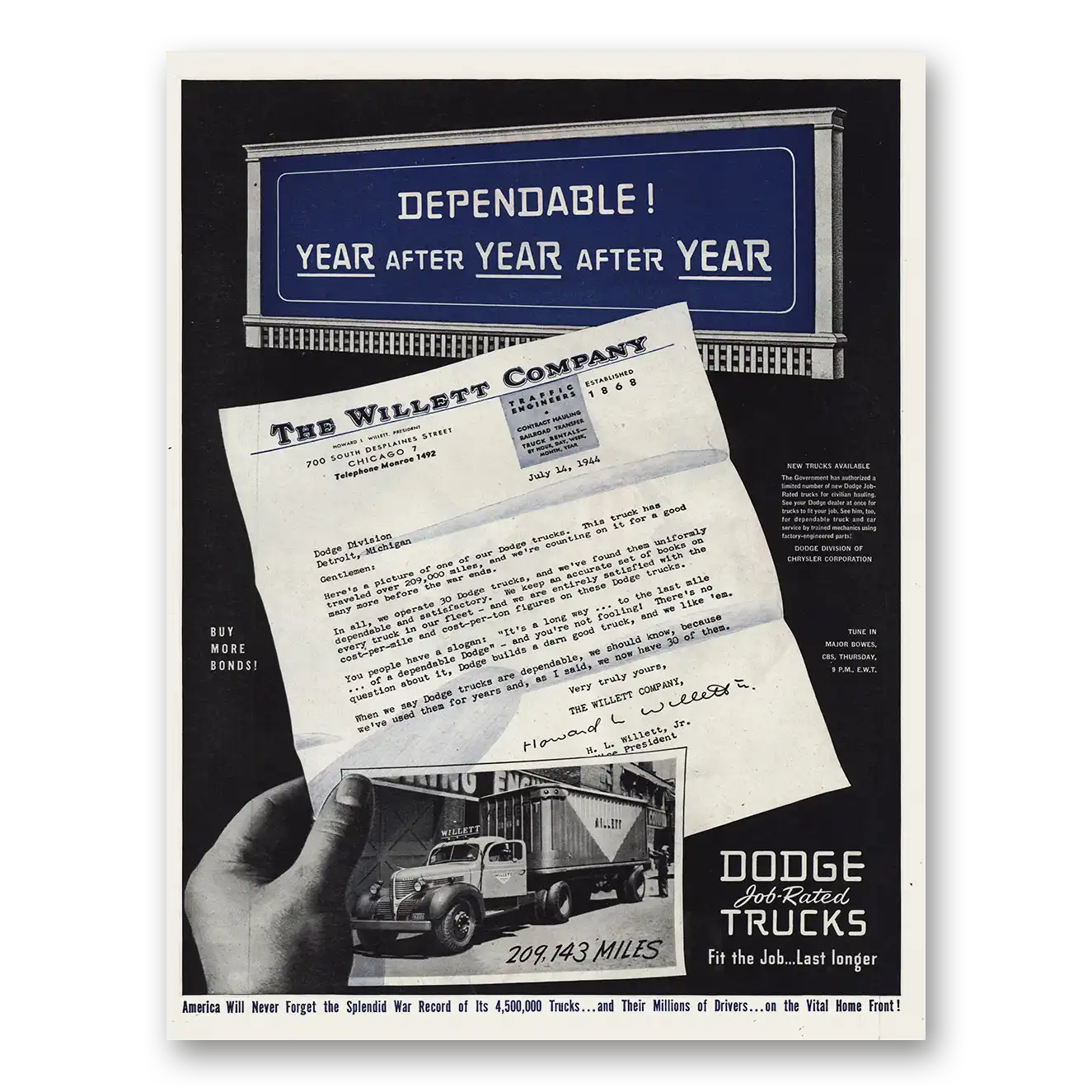 1944 Dodge Trucks Willett Company Vintage Magazine Print Ad