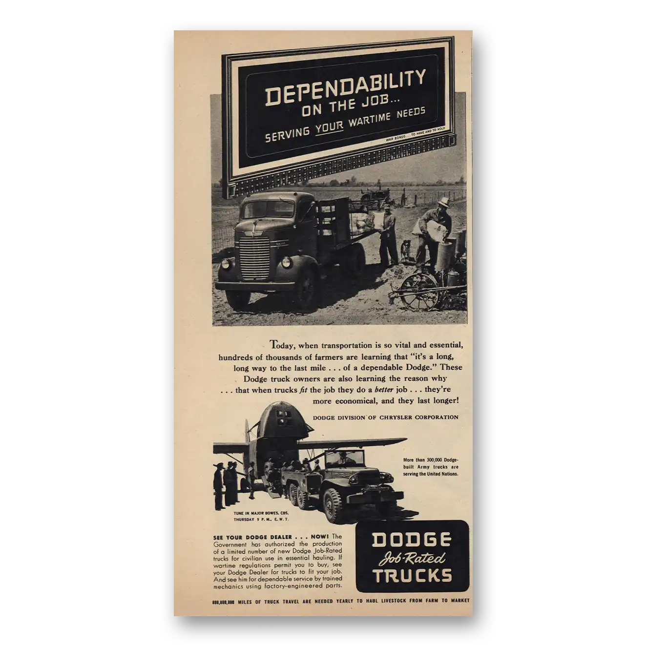 1944 Dodge Trucks Dependability On the Job Vintage Magazine Print Ad