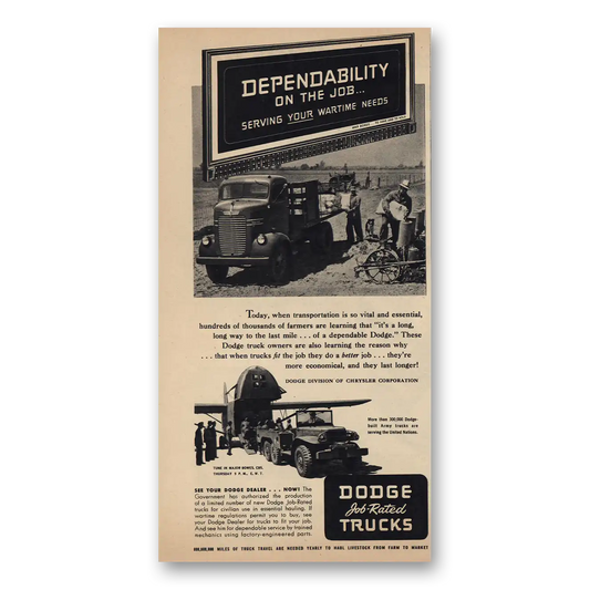 1944 Dodge Trucks Dependability On the Job Vintage Magazine Print Ad