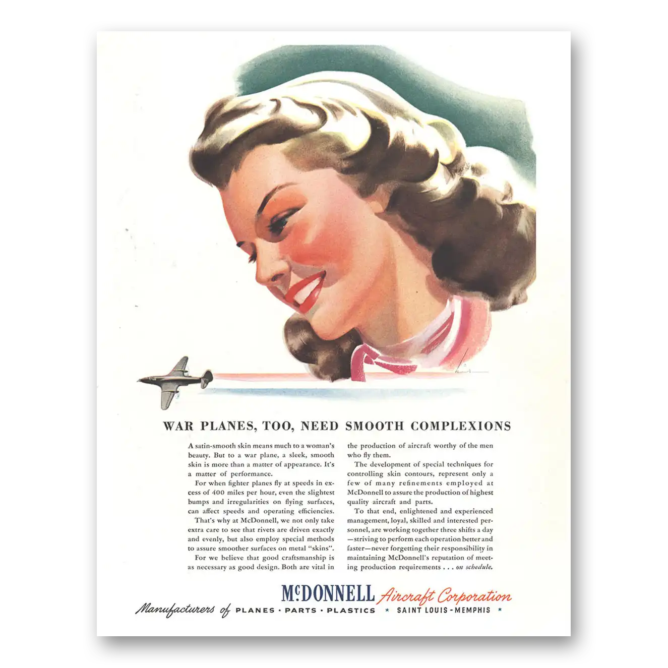 1944 McDonnell Aircraft War Planes Too Need Smooth Complexions Vintage Magazine Print Ad