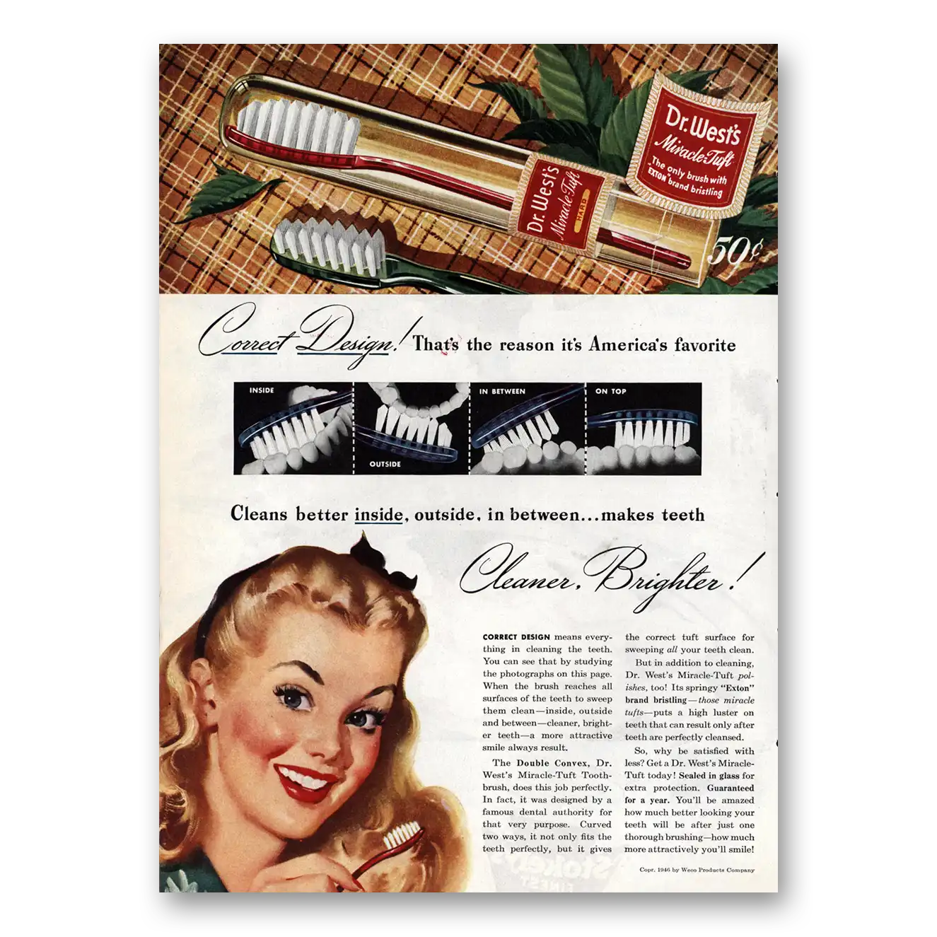 1946 Dr Wests Toothbrush Correct Design Vintage Magazine Print Ad