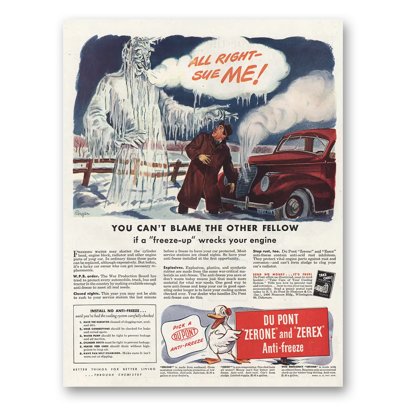 1944 Zerone Zerex Anti Freeze All Right Sue Me Vintage Magazine Print Ad