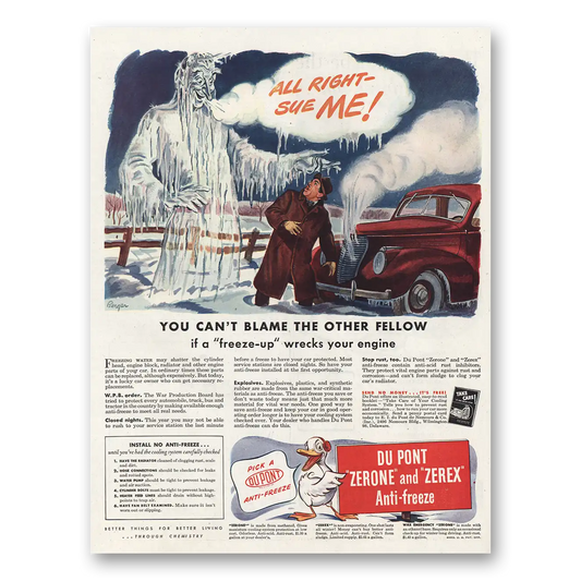 1944 Zerone Zerex Anti Freeze All Right Sue Me Vintage Magazine Print Ad