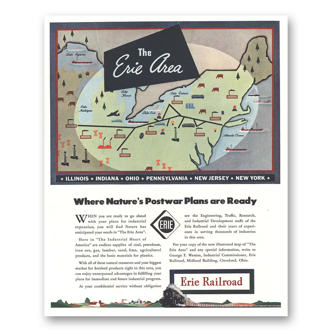 1944 Erie Railroad Natures Postwar Plans Vintage Magazine Print Ad