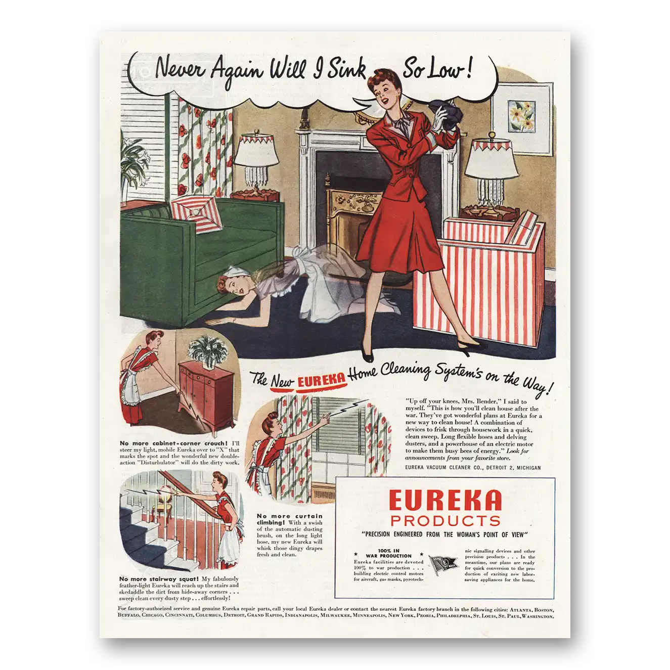 1944 Eureka Home Cleaning System Never Again Will I Sink So Low Vintage Magazine Print Ad