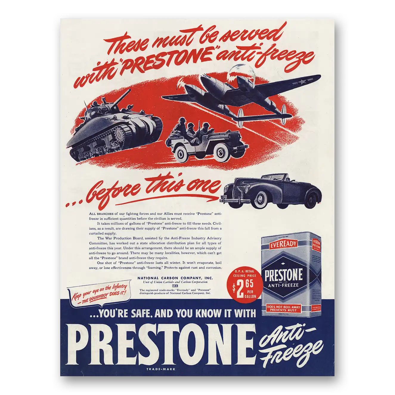 1944 Eveready Prestone Must Be Served With Anti Freeze Vintage Magazine Print Ad