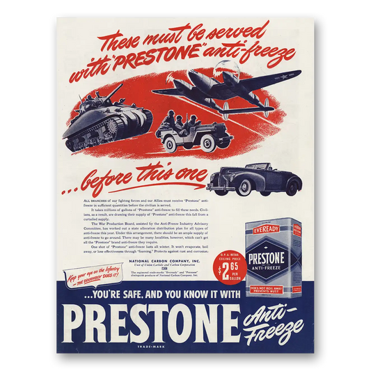 1944 Eveready Prestone Must Be Served With Anti Freeze Vintage Magazine Print Ad