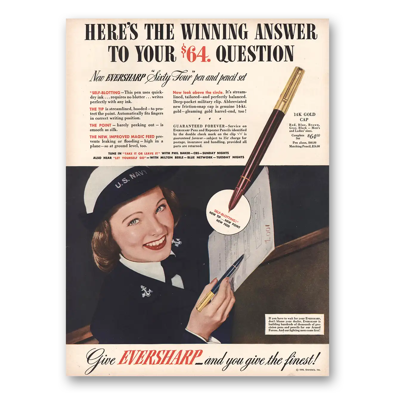 1944 Eversharp Sixty Four Pen Vintage Magazine Print Ad