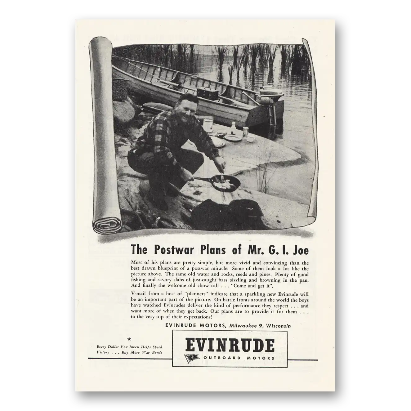 1944 Evinrude Postwar Plans of Mr GI Joe Vintage Magazine Print Ad