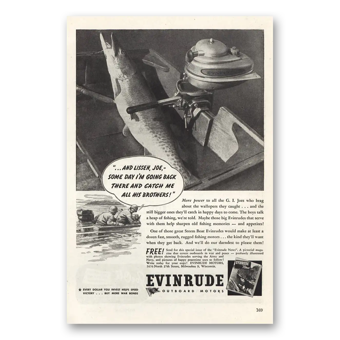 1944 Evinrude Going Back There and Catch Me All His Brothers Vintage Magazine Print Ad