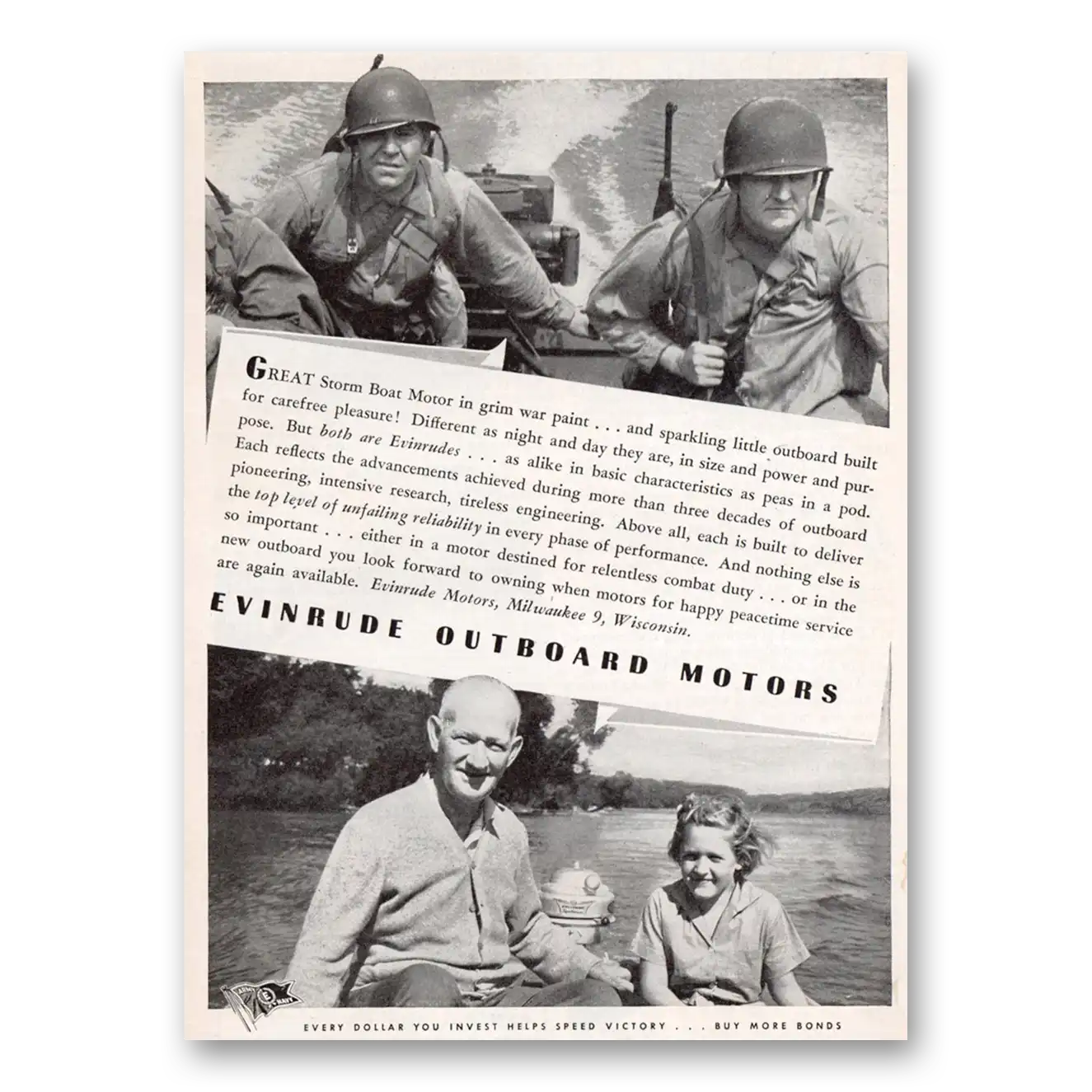 1944 Evinrude Outboard Motors Great Storm Boat Motor In Grim War Paint Vintage Magazine Print Ad