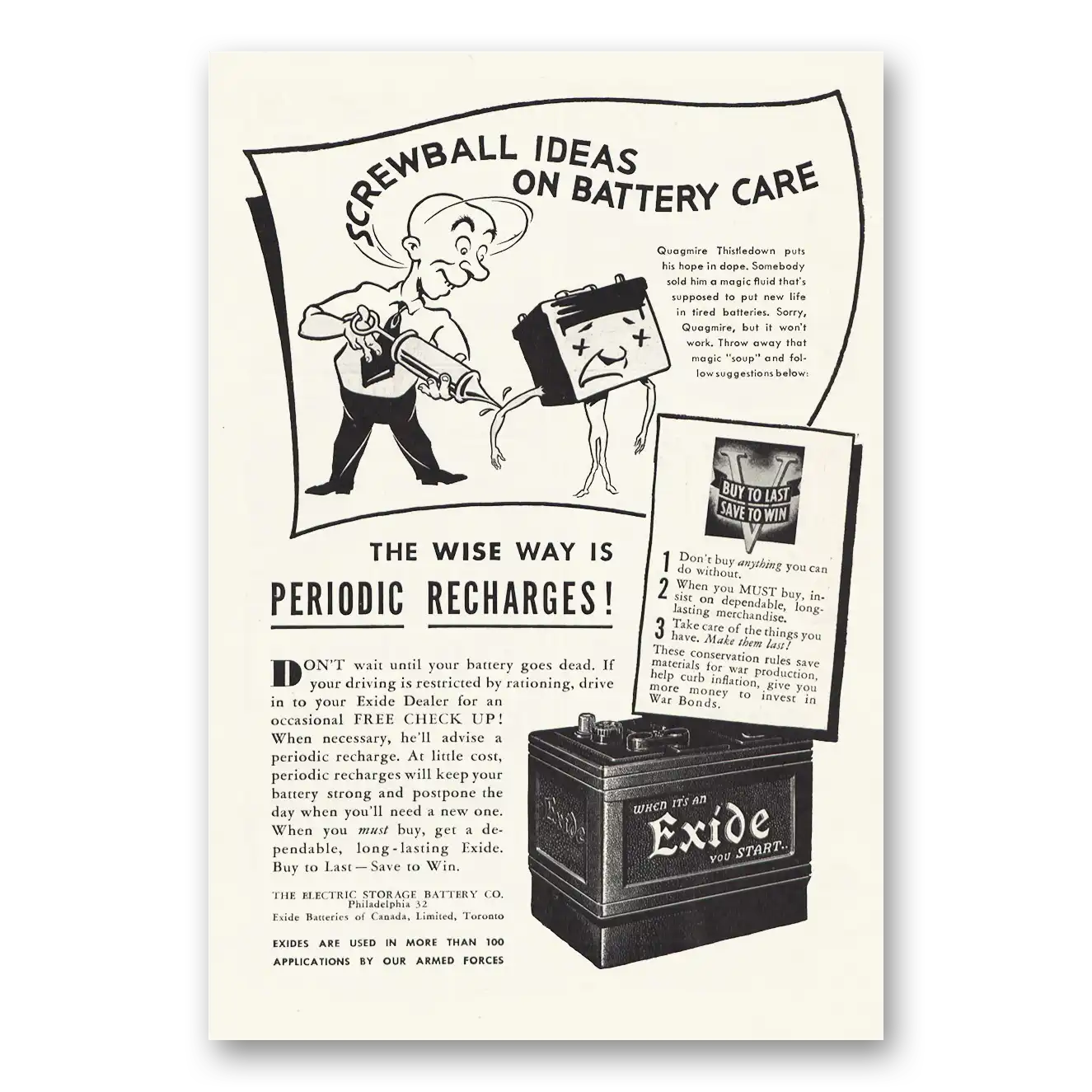 1944 Exide Battery Screwball Ideas Battery Care Vintage Magazine Print Ad