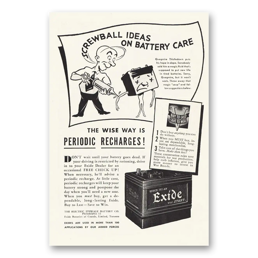 1944 Exide Battery Screwball Ideas Battery Care Vintage Magazine Print Ad