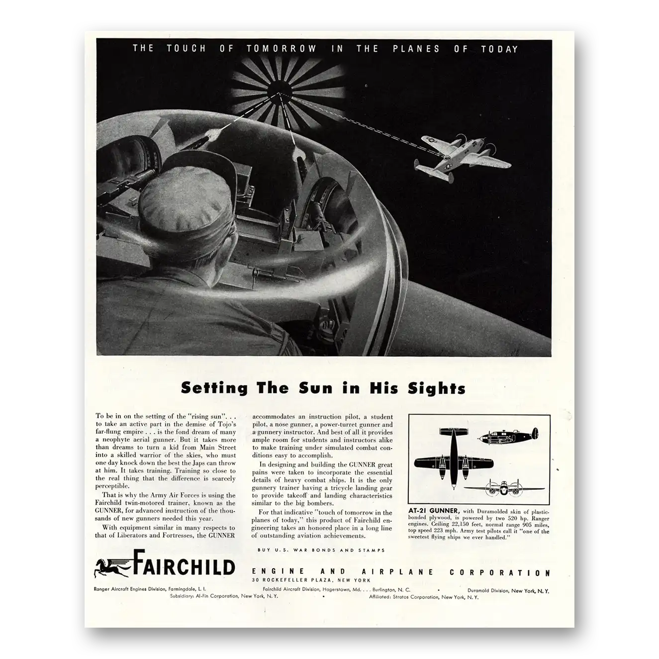 1944 Fairchild Engine Setting the Sun In His Sights Vintage Magazine Print Ad