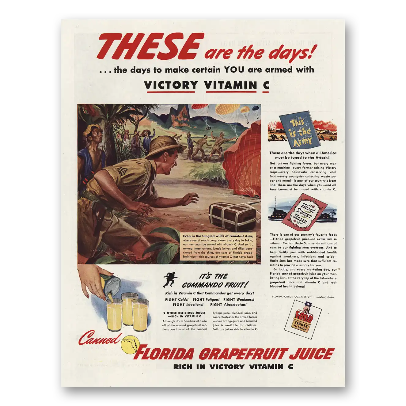 1944 Florida Grapefruit Juice Victory Vitamin C Vintage Magazine Print Ad