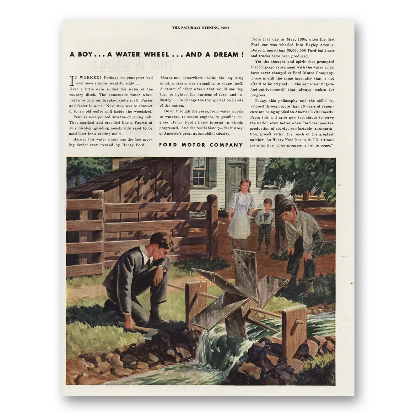 1944 Ford Motor Company Boy Water Wheel and a Dream Vintage Magazine Print Ad