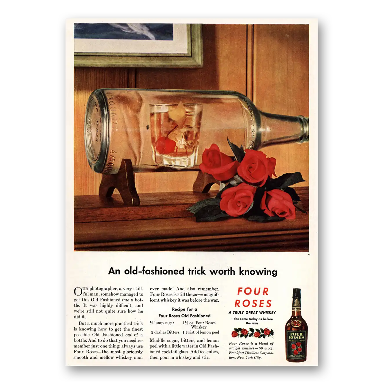 1944 Four Roses Old Fashioned Trick Worth Knowing Vintage Magazine Print Ad