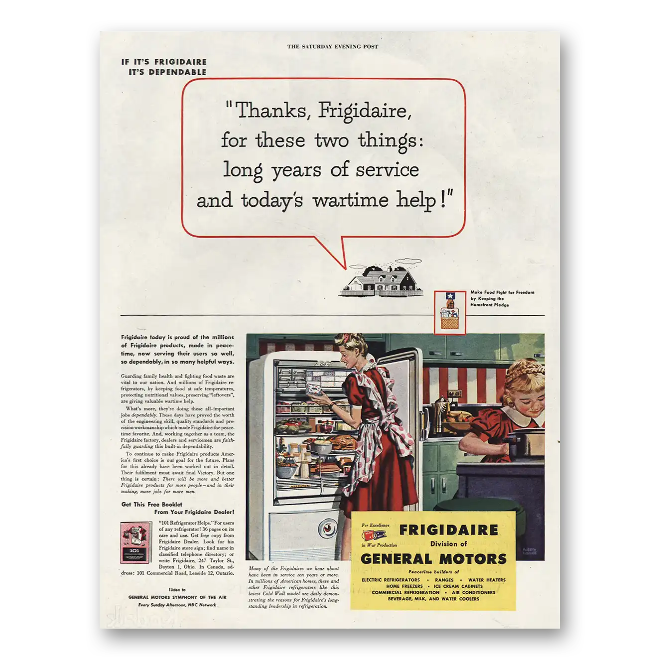 1944 Frigidaire Refrigerator Todays Wartime Help Vintage Magazine Print Ad