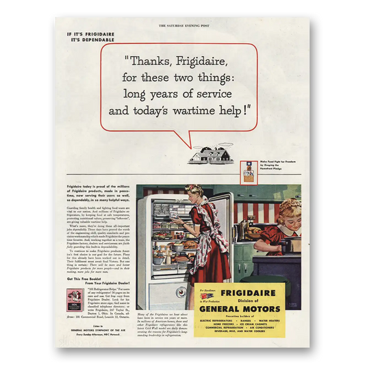 1944 Frigidaire Refrigerator Todays Wartime Help Vintage Magazine Print Ad