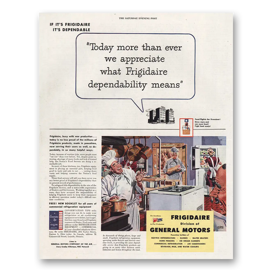 1944 Frigidaire Today More Than Ever We Appreciate What Dependability Means Vintage Magazine Print Ad