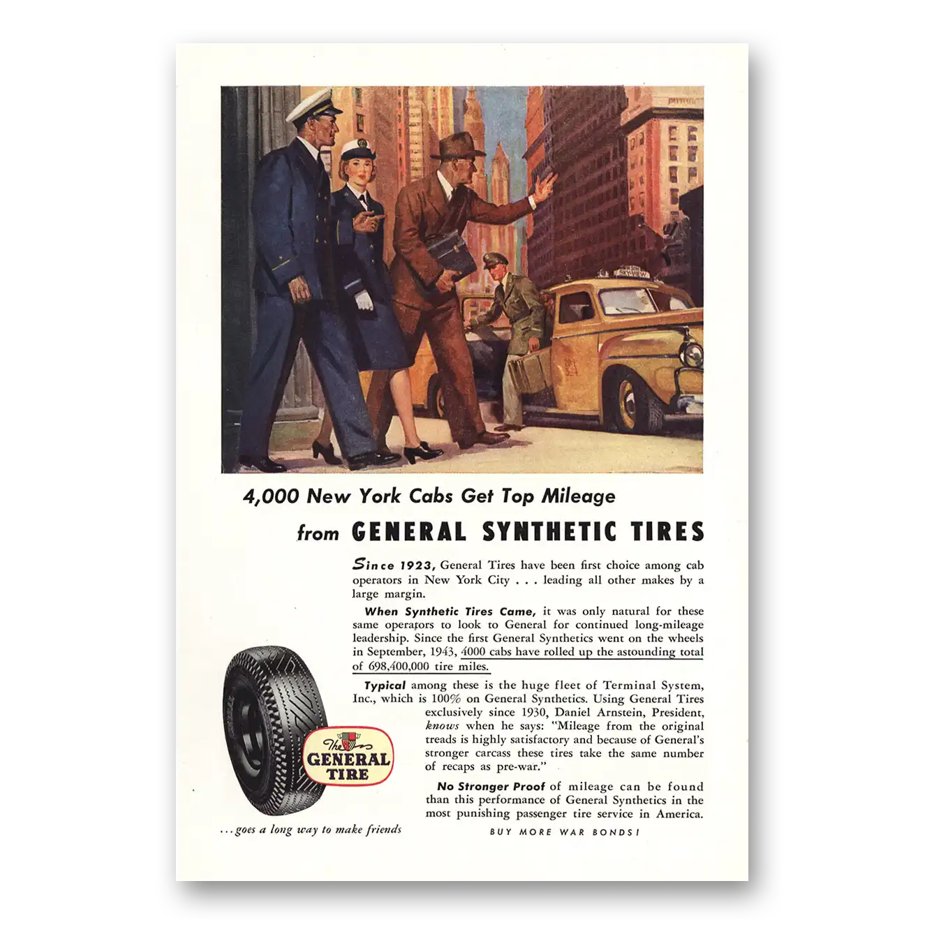 1944 General Tire New York Cabs Get Top Mileage Vintage Magazine Print Ad