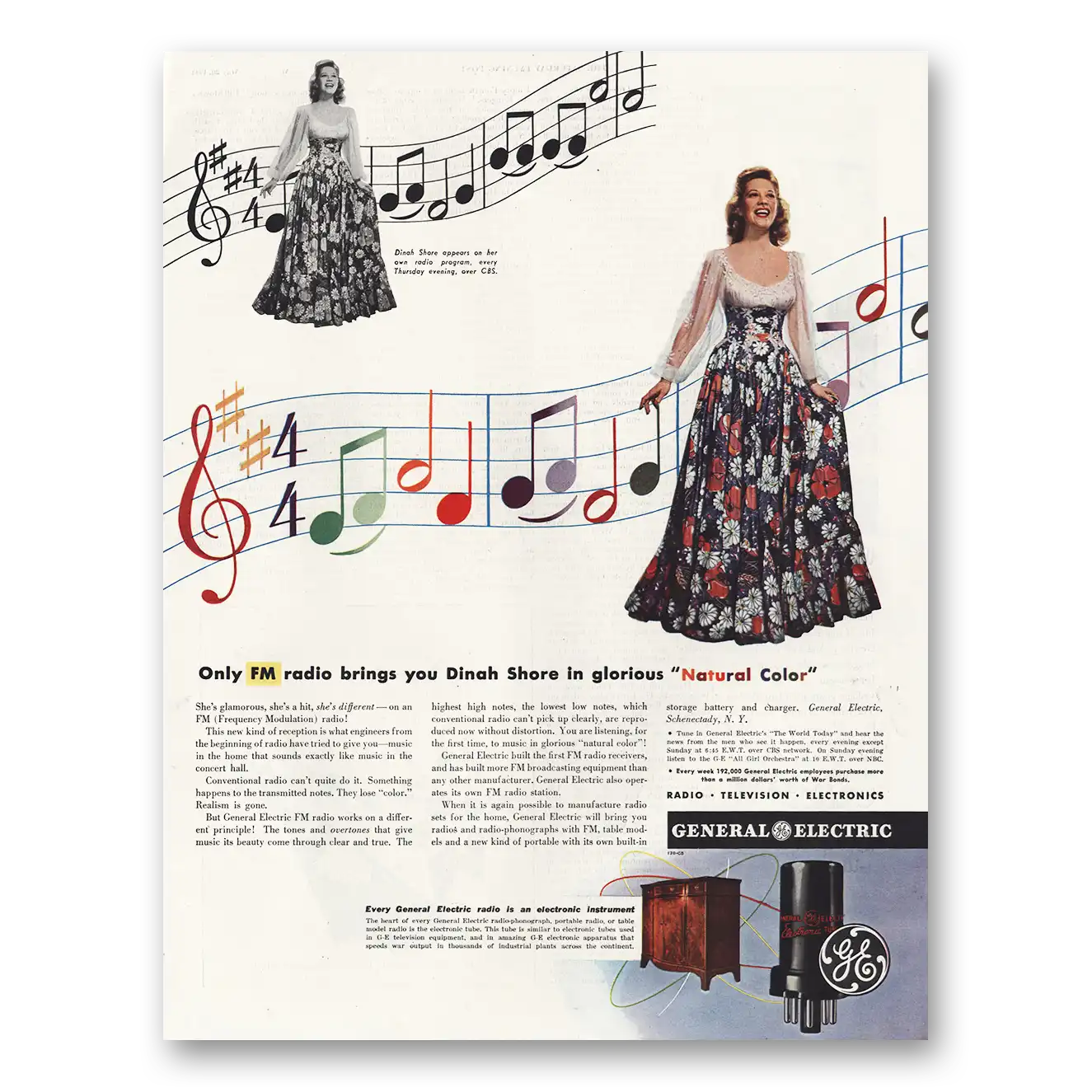 1944 General Electric Radio Dinah Shore In Glorious Natural Color Vintage Magazine Print Ad