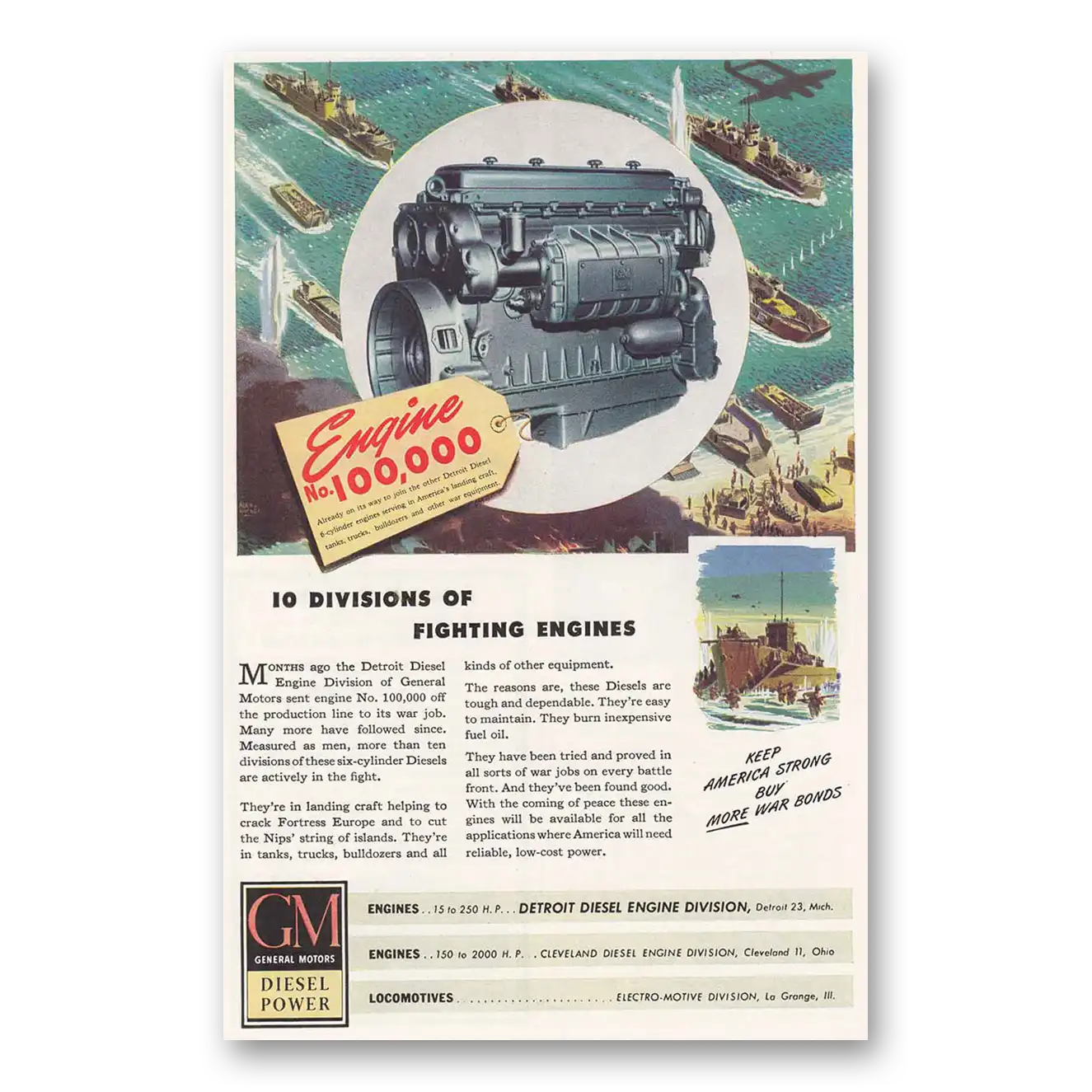 1944 GM Diesel Power Wartime 10 Divisions of Fighting Vintage Magazine Print Ad