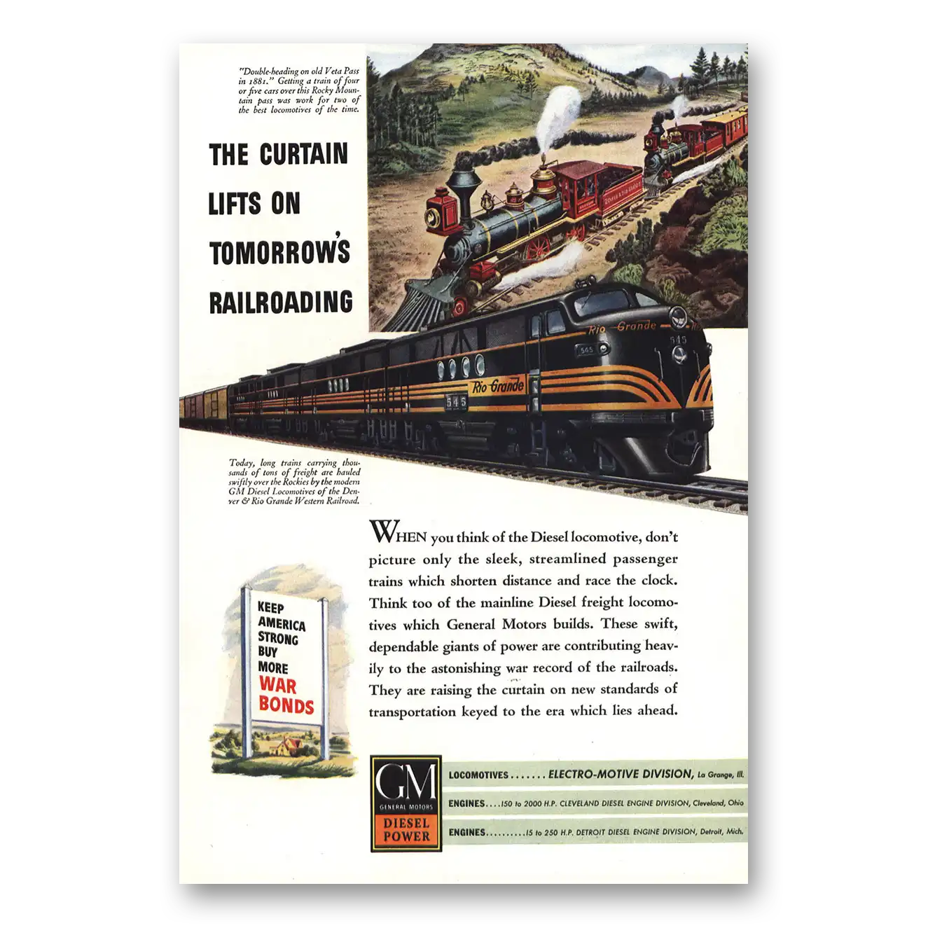 1944 GM Electro Motive Curtain Lifts Tomorrows Railroading Vintage Magazine Print Ad