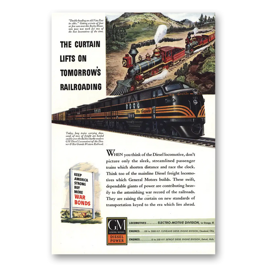 1944 GM Electro Motive Curtain Lifts Tomorrows Railroading Vintage Magazine Print Ad