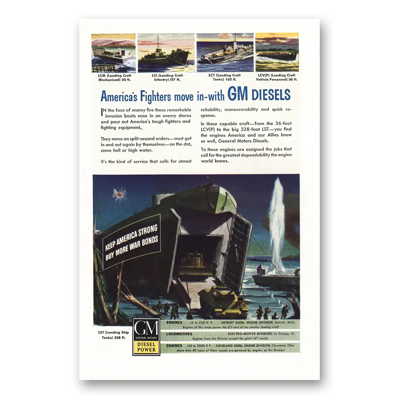 1944 GM Diesel Power Americas Fighters Move In With GM Diesels Vintage Magazine Print Ad