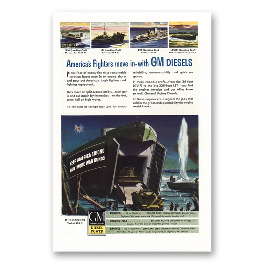 1944 GM Diesel Power Americas Fighters Move In With GM Diesels Vintage Magazine Print Ad