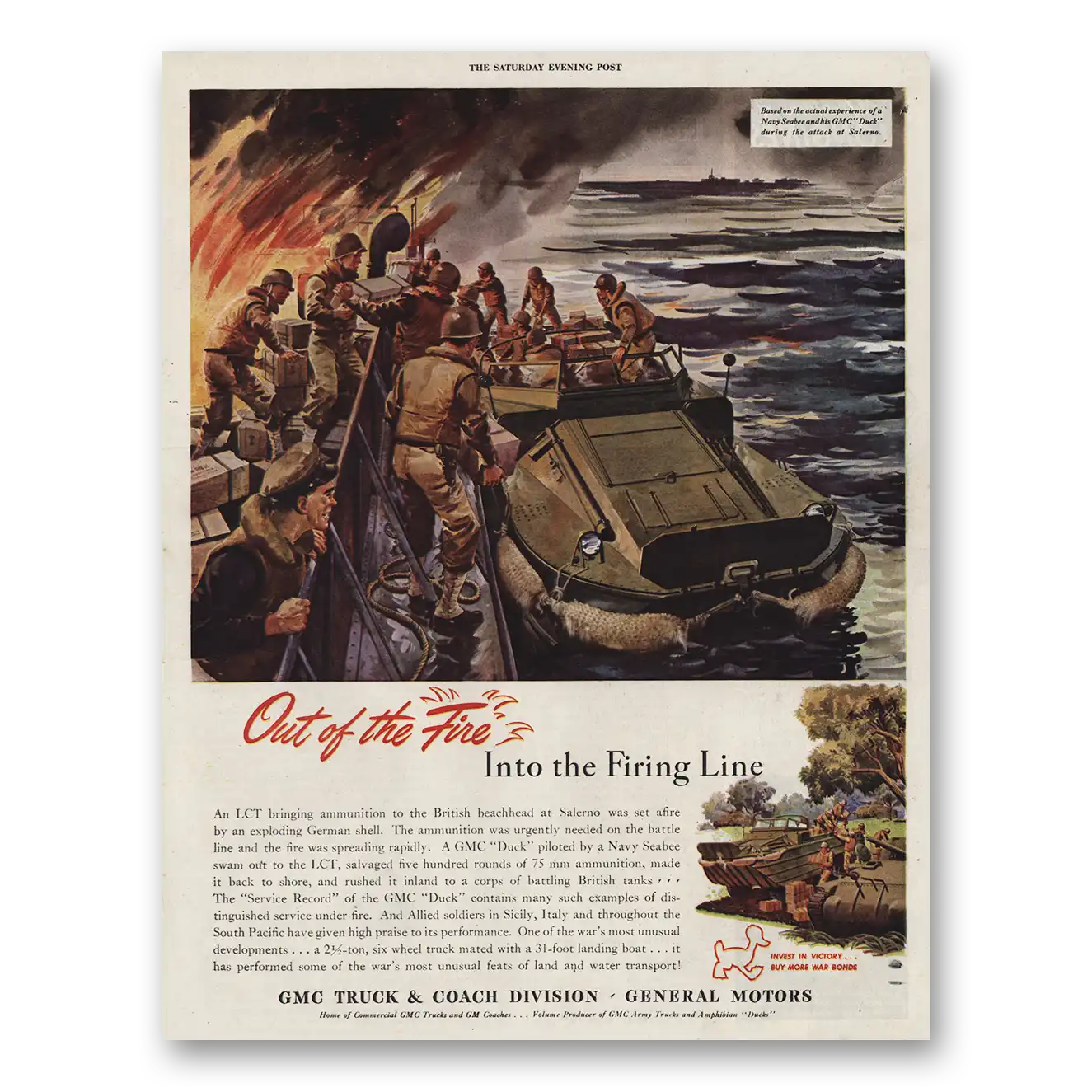 1944 GMC Trucks Out of the Fire Into the Firing Line Vintage Magazine Print Ad