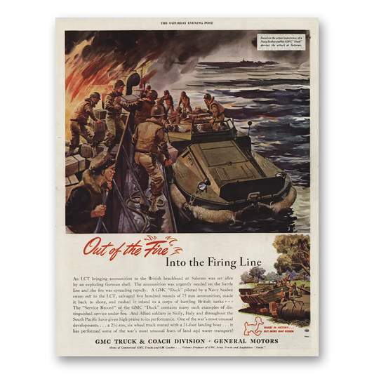 1944 GMC Trucks Out of the Fire Into the Firing Line Vintage Magazine Print Ad